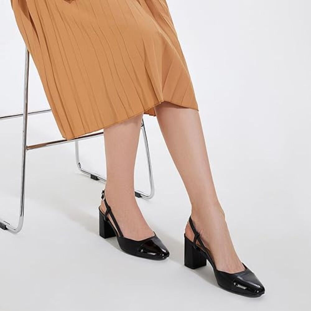 DUMJEY Black Sz 8 1/2 Faux Leather Slingback 2 Tone Close Toe Chunky Block Heels - Picture 3 of 8